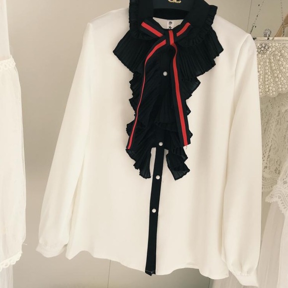 Tops - Ribbon Bow Tie Ruffle Neck Blouse